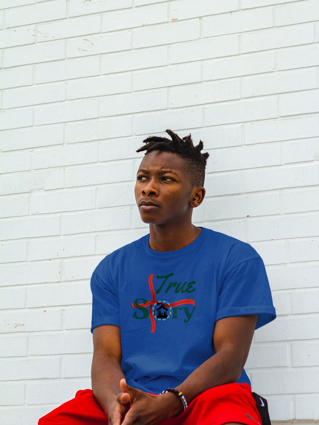 "True Story" Nativity Christmas Tee — LAHall Artworks Nativity & Cross Graphic Unisex Holiday T-Shirt in White, Grey, Blue & Green | LAHall Artworks