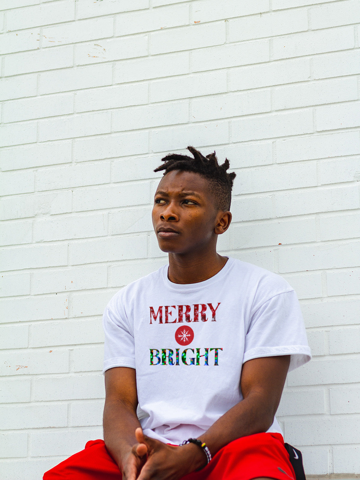 "Merry and Bright" Christmas Tee — :LAHall Artworks Snowflake & Christmas Light Graphic Unisex Holiday Shirt in White, Black, Grey & Green | LAHall Artworks