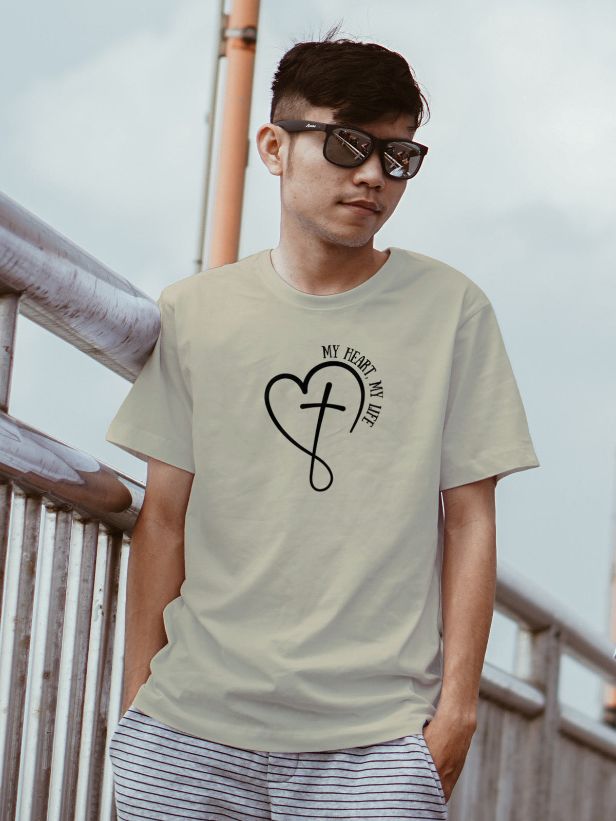 "My Heart My Life" Unisex Graphic Tee | Heart and Cross Line Art Inspirational Shirt