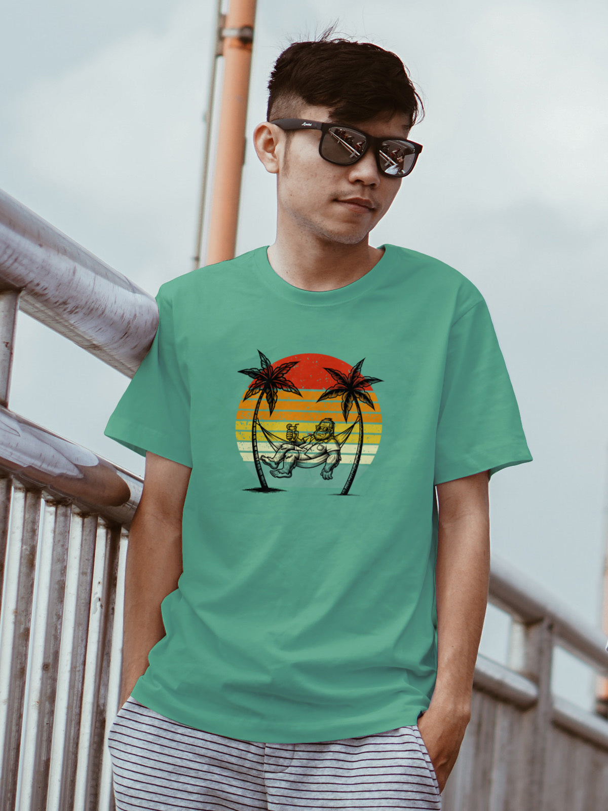 Bigfoot Beach Sunset Graphic Tee – Funny Sasquatch Vacation Shirt | Vintage Retro Summer T-Shirt | LAHall Artworks Bigfoot Collection