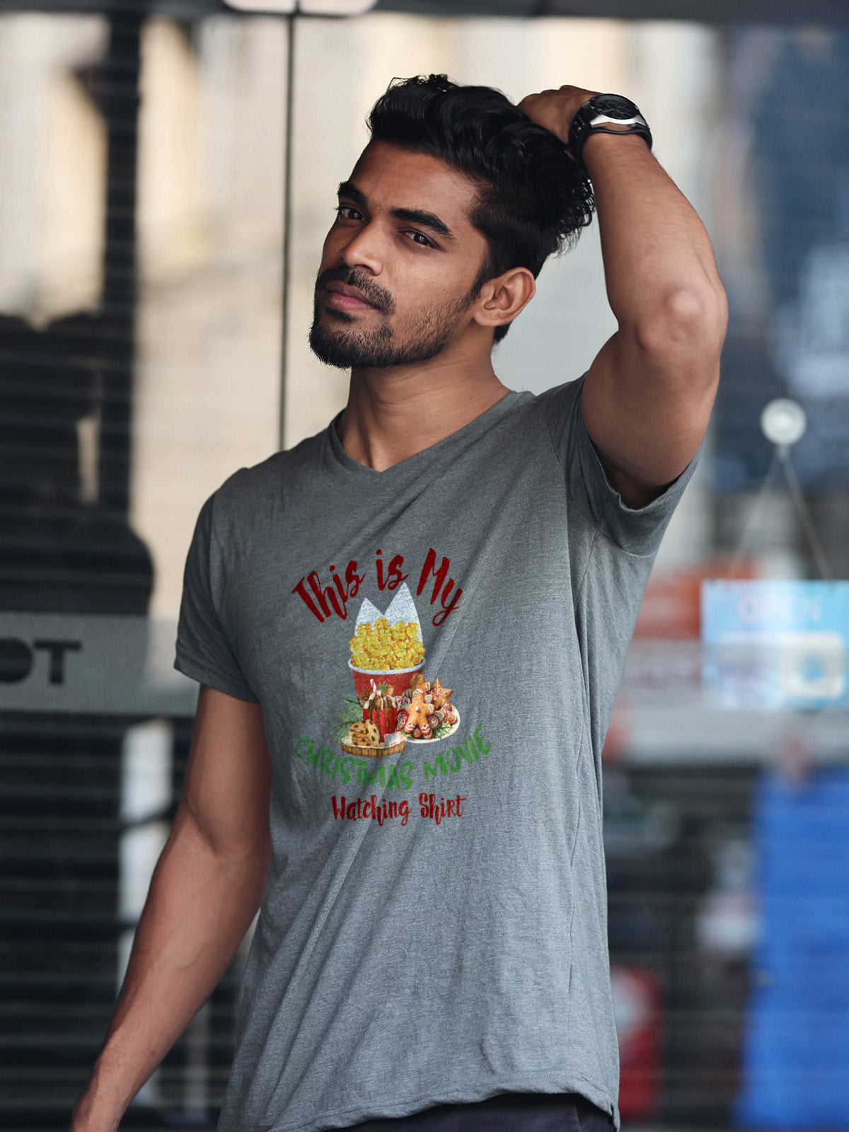 Christmas Movie Watching Shirt – Funny Holiday Unisex Tee | Cozy Christmas Snacks Graphic T-Shirt in Black, White, or Red