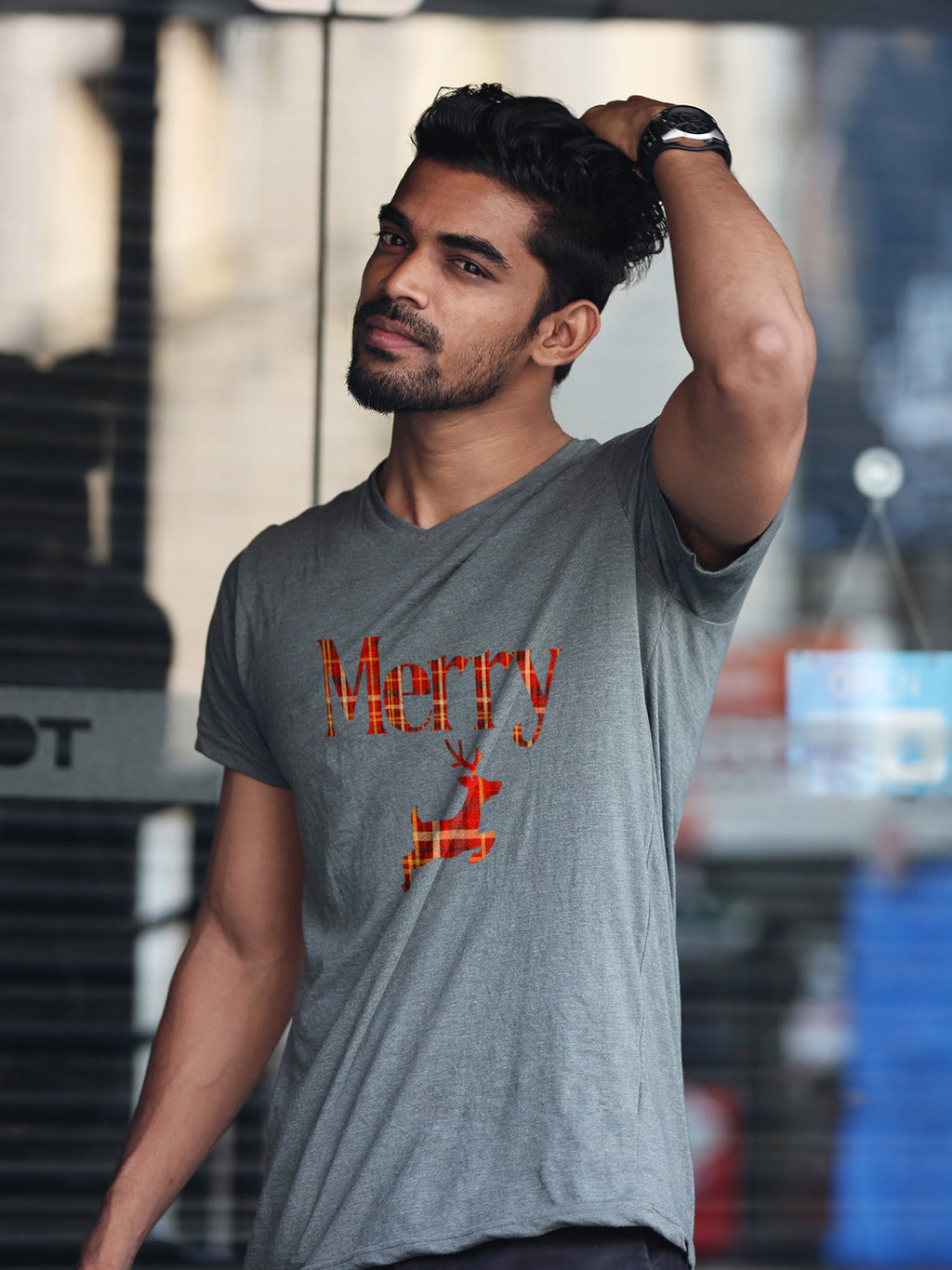 Merry Plaid Deer Christmas Tee — Festive Unisex Holiday T-Shirt in White, Grey, Black & Green | LAHall Artworks