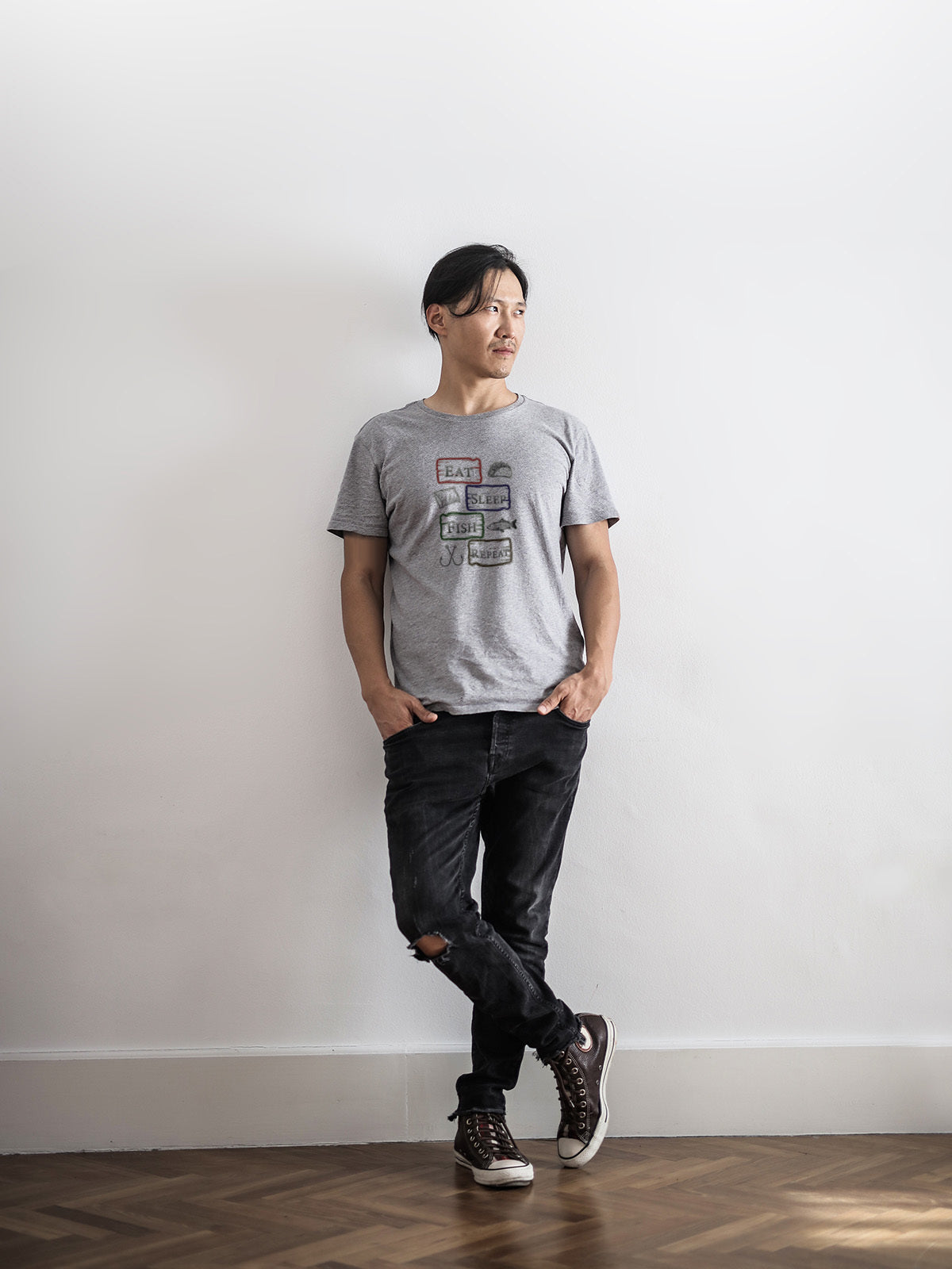 "Eat Sleep Fish Repeat" Vintage style Tee | LAHall Artworks Outdoor Fishing Shirt