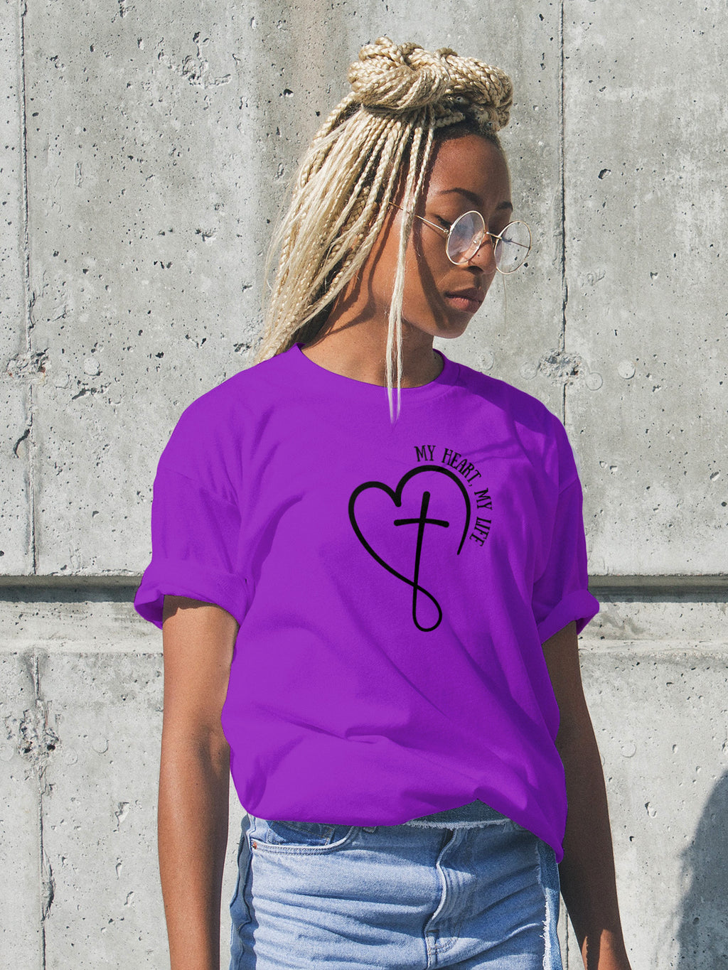 "My Heart My Life" Unisex Graphic Tee | Heart and Cross Line Art Inspirational Shirt