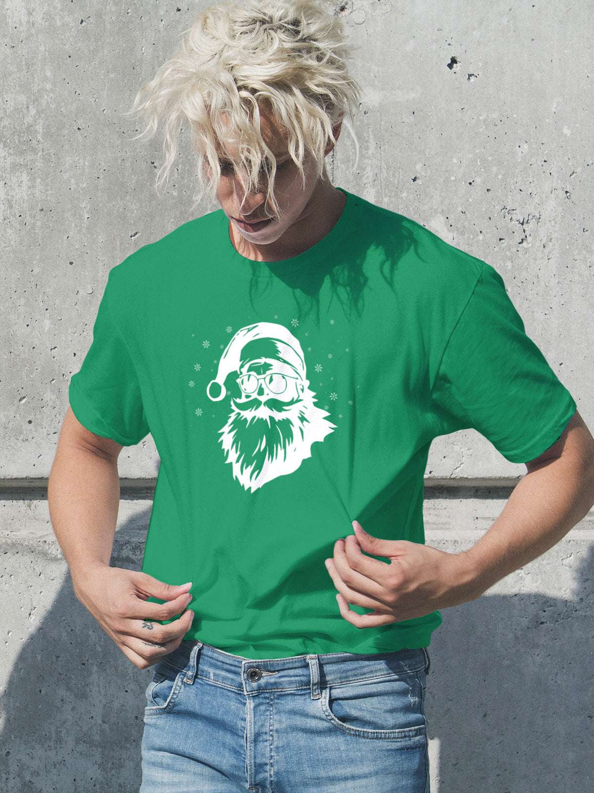 Cool Santa in Sunglasses Vintage Style Christmas Tee — LAHall Artworks Sunglasses Santa Graphic with Snowflakes | Unisex Holiday Shirt by LAHall Artworks