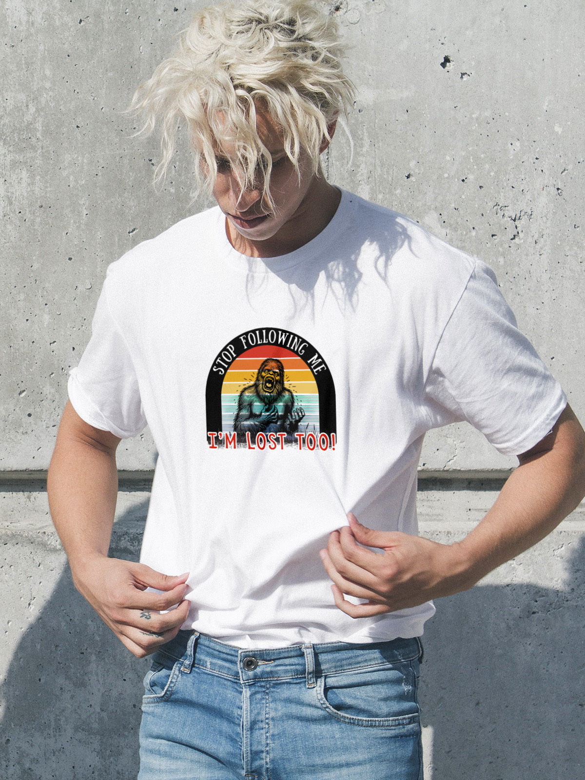 "Stop Following Me I’m Lost Too" Bigfoot Graphic Tee | LAHall Artworks Cryptid T-Shirt