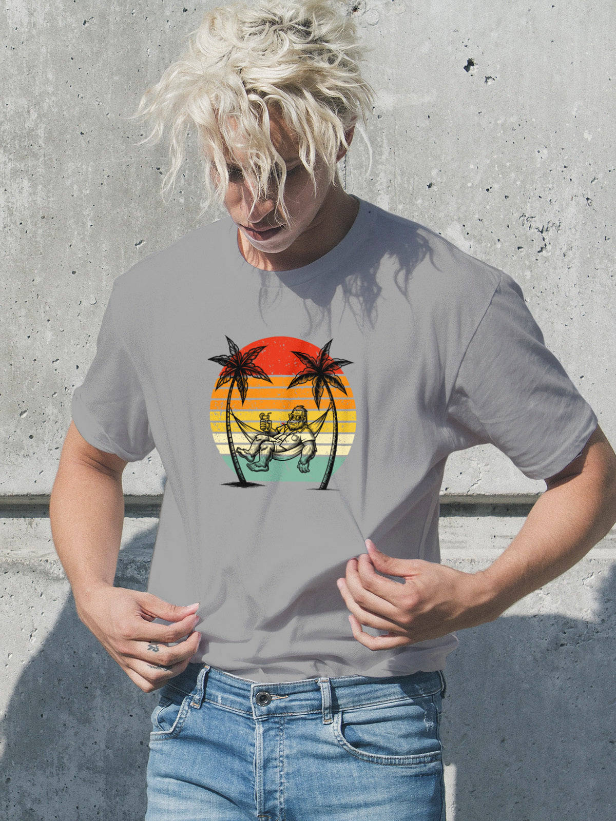 Bigfoot Beach Sunset Graphic Tee – Funny Sasquatch Vacation Shirt | Vintage Retro Summer T-Shirt | LAHall Artworks Bigfoot Collection