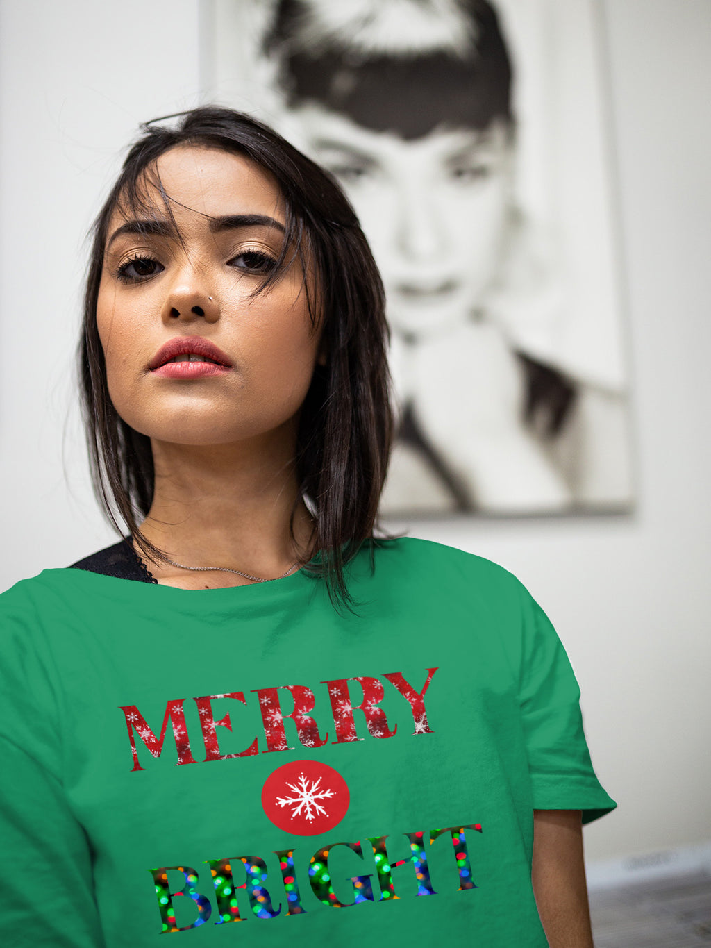 "Merry and Bright" Christmas Tee — :LAHall Artworks Snowflake & Christmas Light Graphic Unisex Holiday Shirt in White, Black, Grey & Green | LAHall Artworks