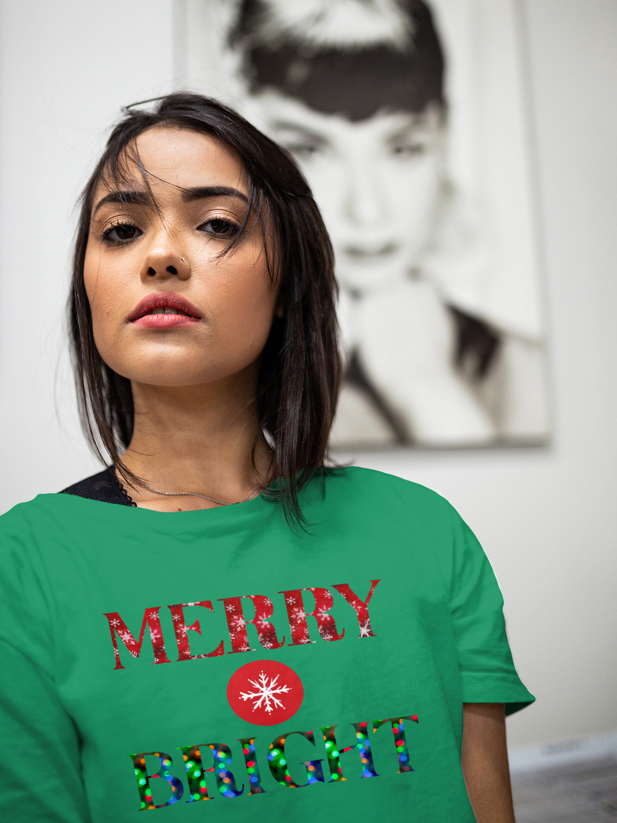 "Merry and Bright" Christmas Tee — :LAHall Artworks Snowflake & Christmas Light Graphic Unisex Holiday Shirt in White, Black, Grey & Green | LAHall Artworks