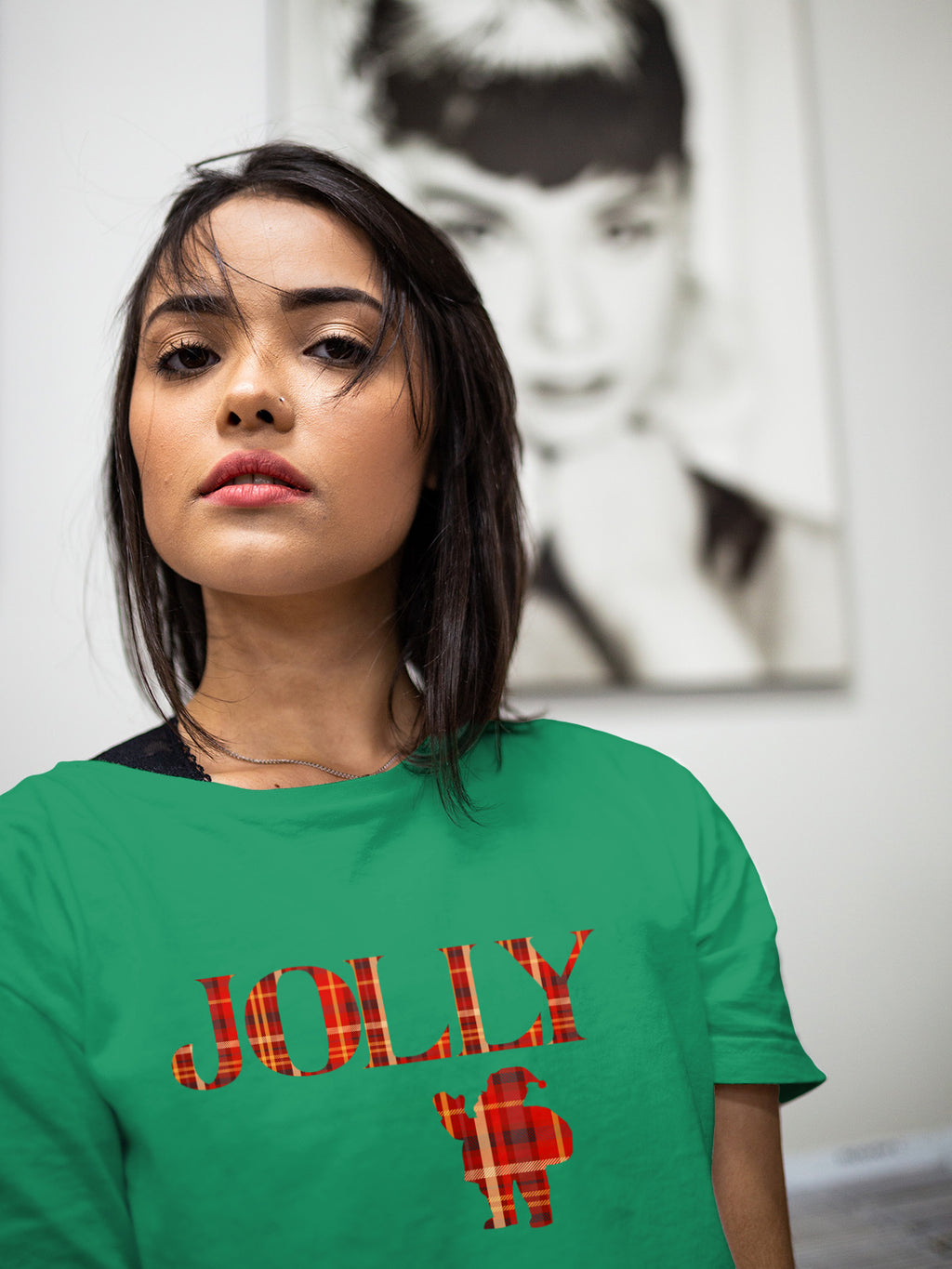 Jolly Santa Silhouette Christmas Tee — Festive Unisex Holiday T-Shirt in White, Grey, Black & Green | LAHall Artworks