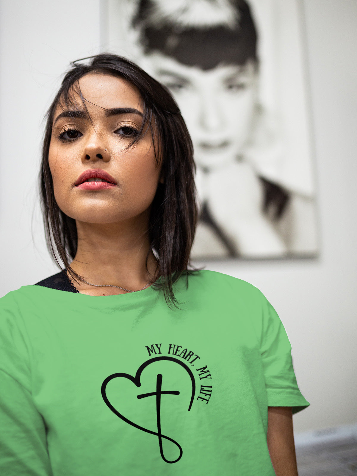 "My Heart My Life" Unisex Graphic Tee | Heart and Cross Line Art Inspirational Shirt