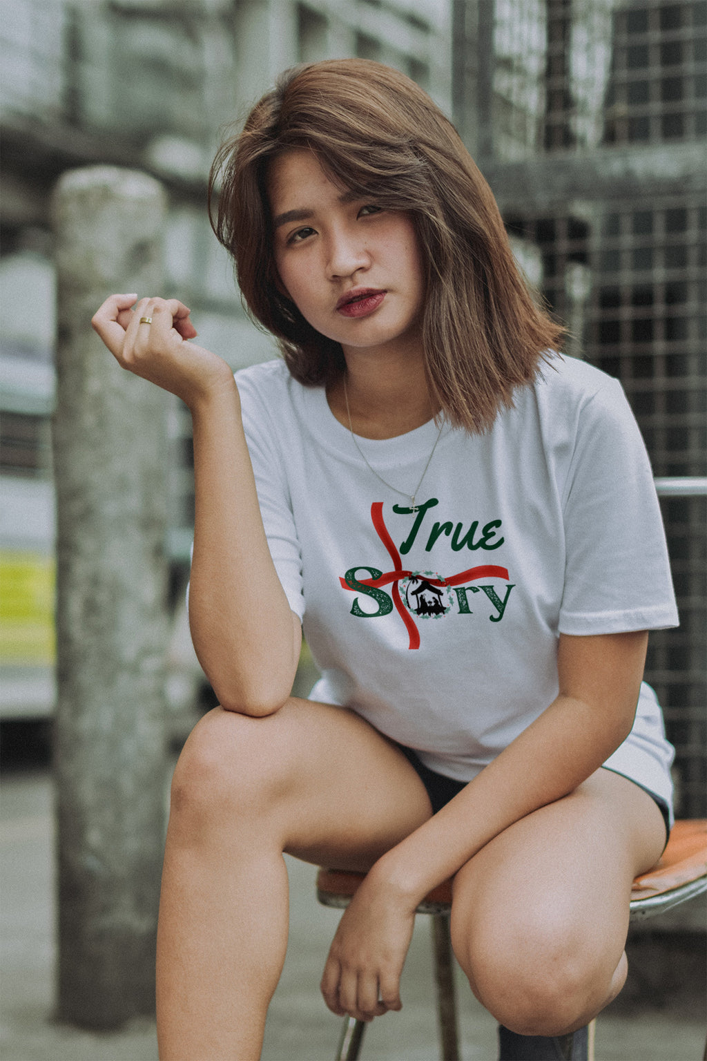 "True Story" Nativity Christmas Tee — LAHall Artworks Nativity & Cross Graphic Unisex Holiday T-Shirt in White, Grey, Blue & Green | LAHall Artworks