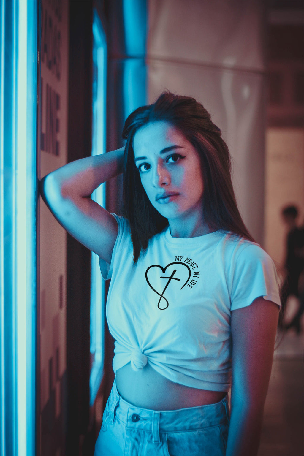 "My Heart My Life" Unisex Graphic Tee | Heart and Cross Line Art Inspirational Shirt