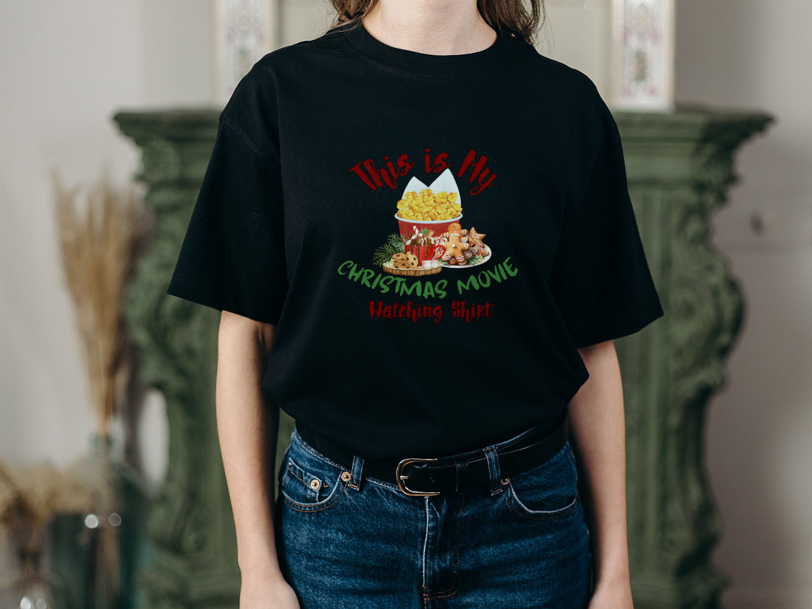 Christmas Movie Watching Shirt – Funny Holiday Unisex Tee | Cozy Christmas Snacks Graphic T-Shirt in Black, White, or Red