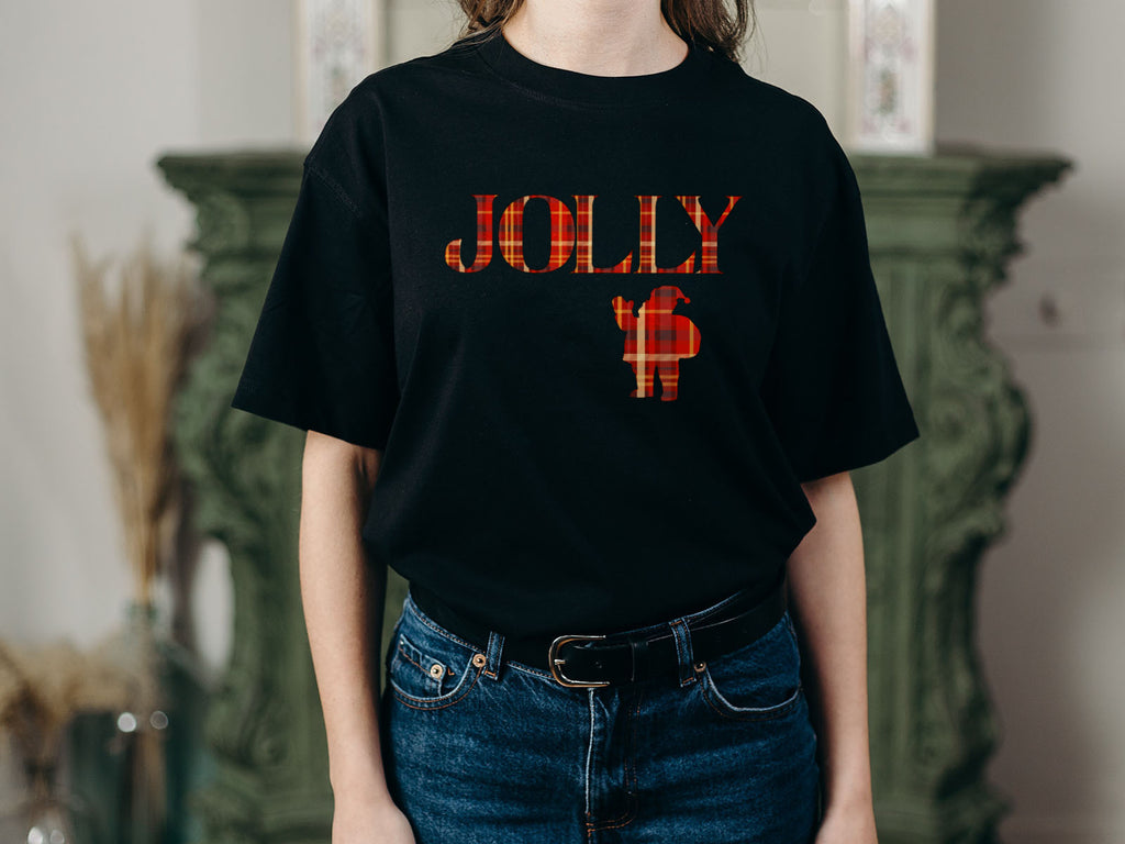 Jolly Santa Silhouette Christmas Tee — Festive Unisex Holiday T-Shirt in White, Grey, Black & Green | LAHall Artworks