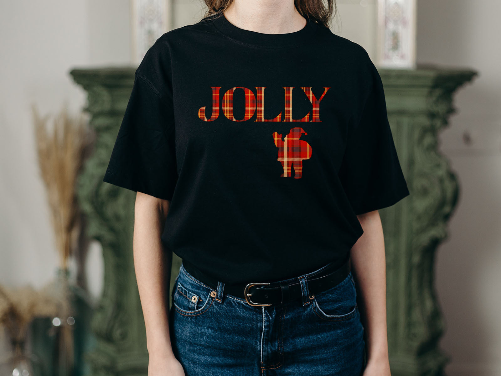 Jolly Santa Silhouette Christmas Tee — Festive Unisex Holiday T-Shirt in White, Grey, Black & Green | LAHall Artworks