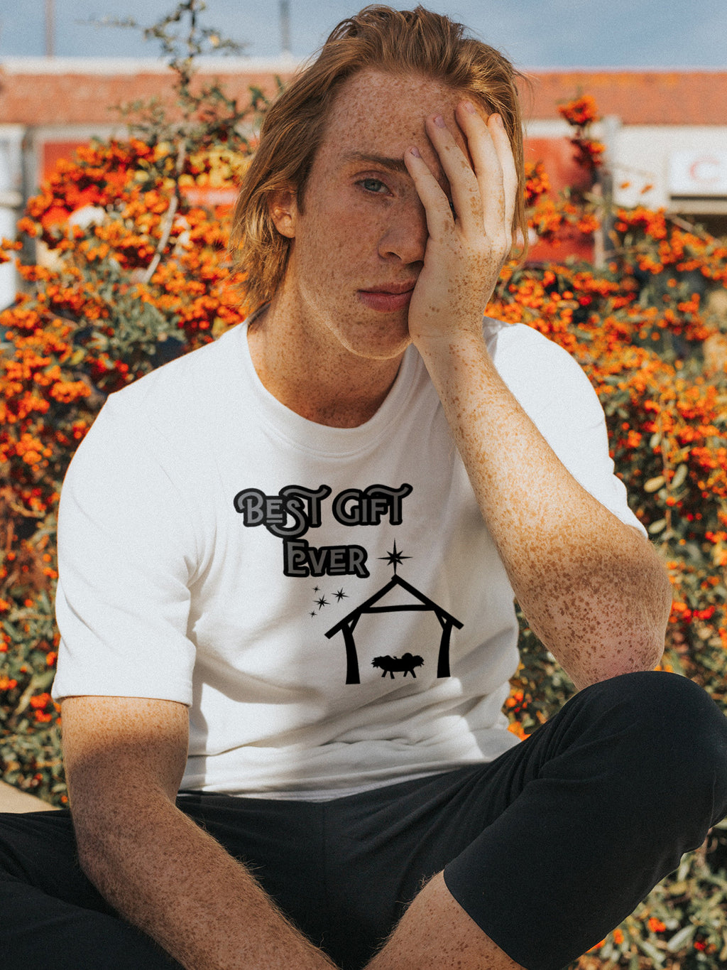 "Best Gift Ever" Nativity Graphic Tee — Minimalist Christmas Christian T-Shirt in White | LAHall Artworks Holiday Apparel