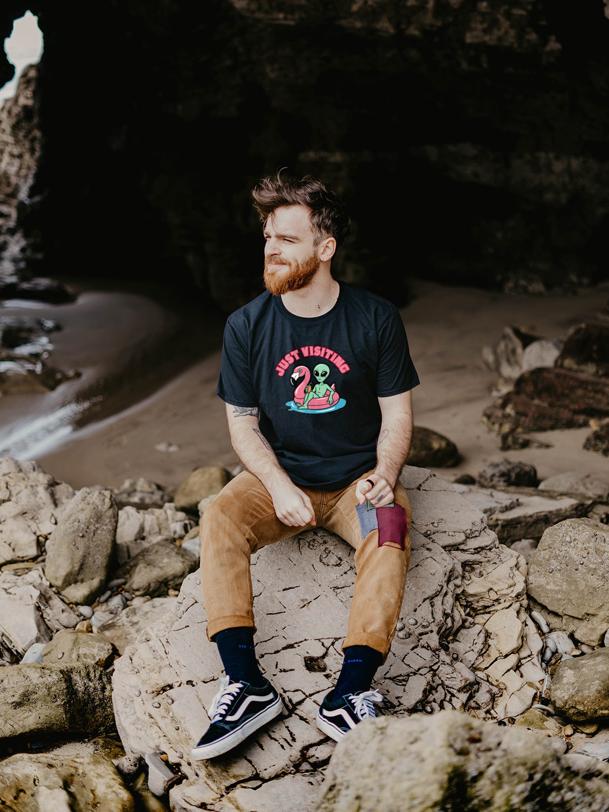 “Just Visiting” UFO Graphic Shirt - Funny Alien Flamingo Pool Float Tee | Retro Summer Vacation T-Shirt | LAHall Artworks