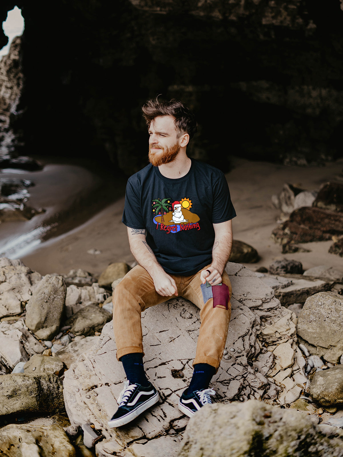 "I Regret Nothing" Melting Snowman Christmas Tee — LAHall Artworks Funny Tropical Holiday Unisex T-Shirt with Deserted Island Graphic | LAHall Artworks