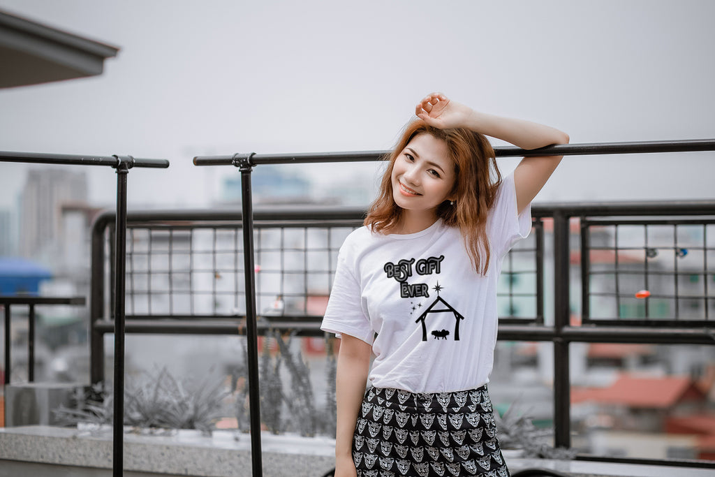 "Best Gift Ever" Nativity Graphic Tee — Minimalist Christmas Christian T-Shirt in White | LAHall Artworks Holiday Apparel