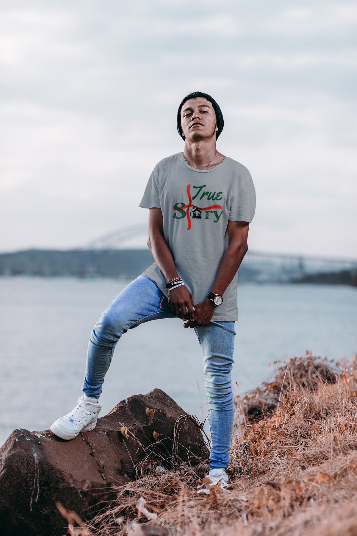 "True Story" Nativity Christmas Tee — LAHall Artworks Nativity & Cross Graphic Unisex Holiday T-Shirt in White, Grey, Blue & Green | LAHall Artworks