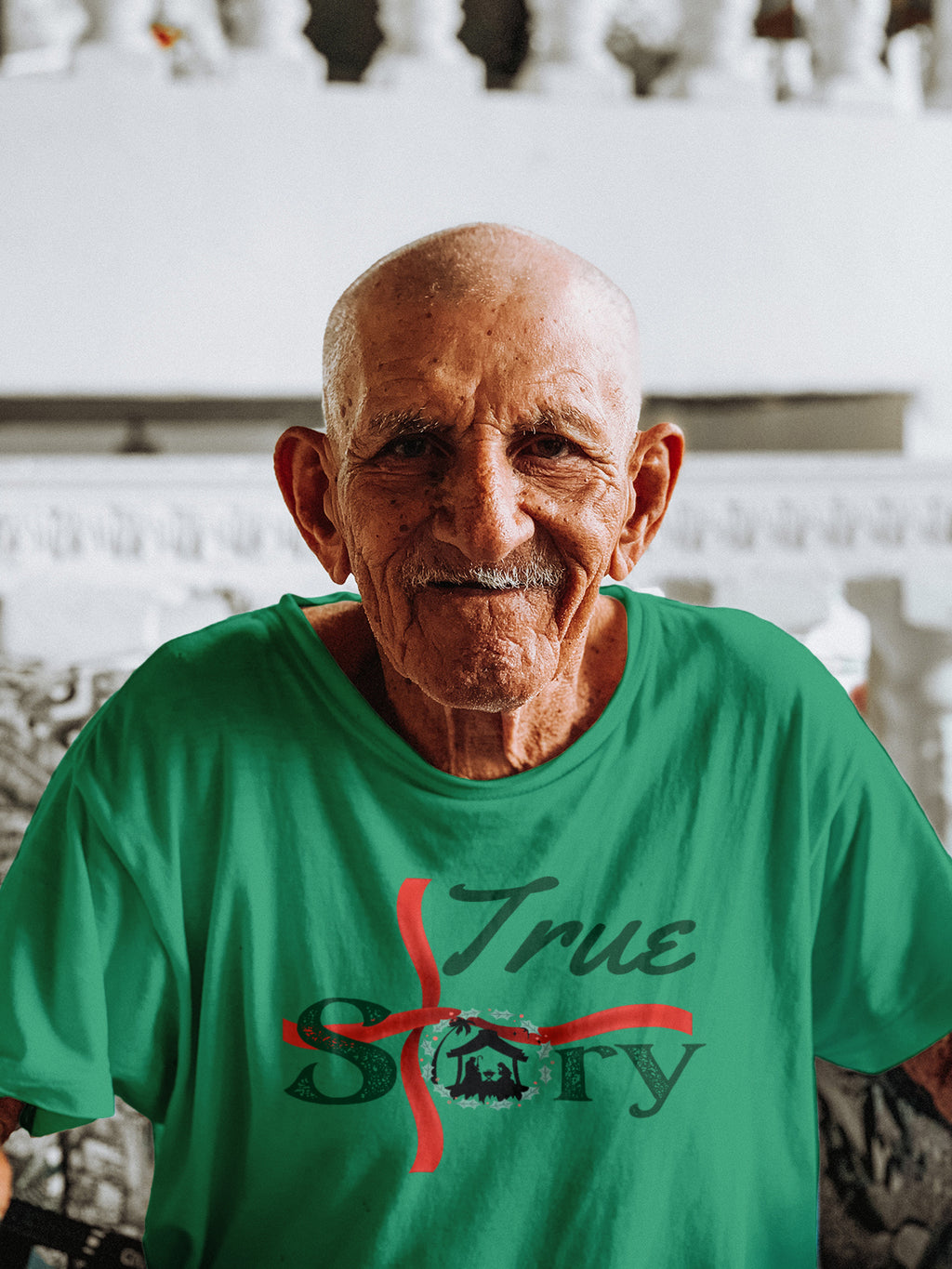 "True Story" Nativity Christmas Tee — LAHall Artworks Nativity & Cross Graphic Unisex Holiday T-Shirt in White, Grey, Blue & Green | LAHall Artworks