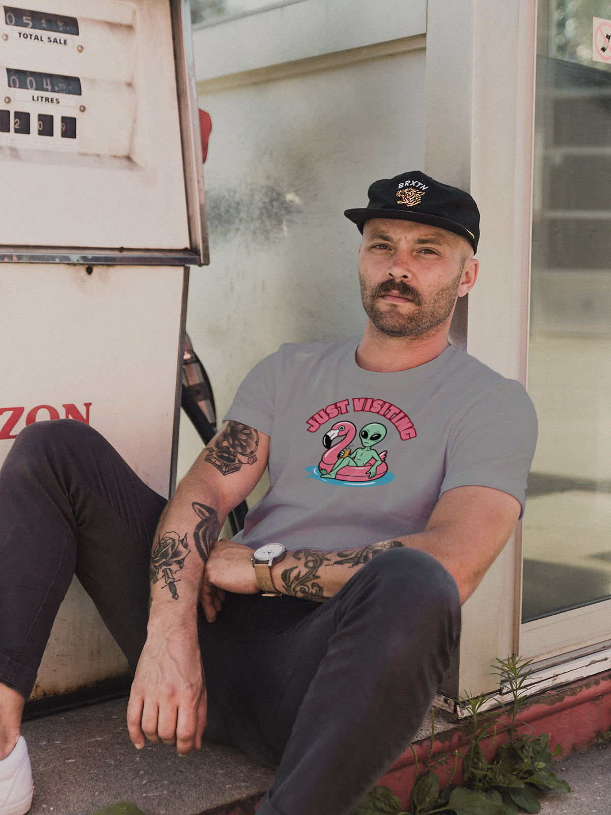 “Just Visiting” UFO Graphic Shirt - Funny Alien Flamingo Pool Float Tee | Retro Summer Vacation T-Shirt | LAHall Artworks