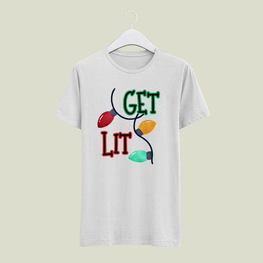 Get Lit Holiday T-Shirt – Funny Christmas Lights Unisex Tee | Festive Graphic Shirt in Black, White, or Grey