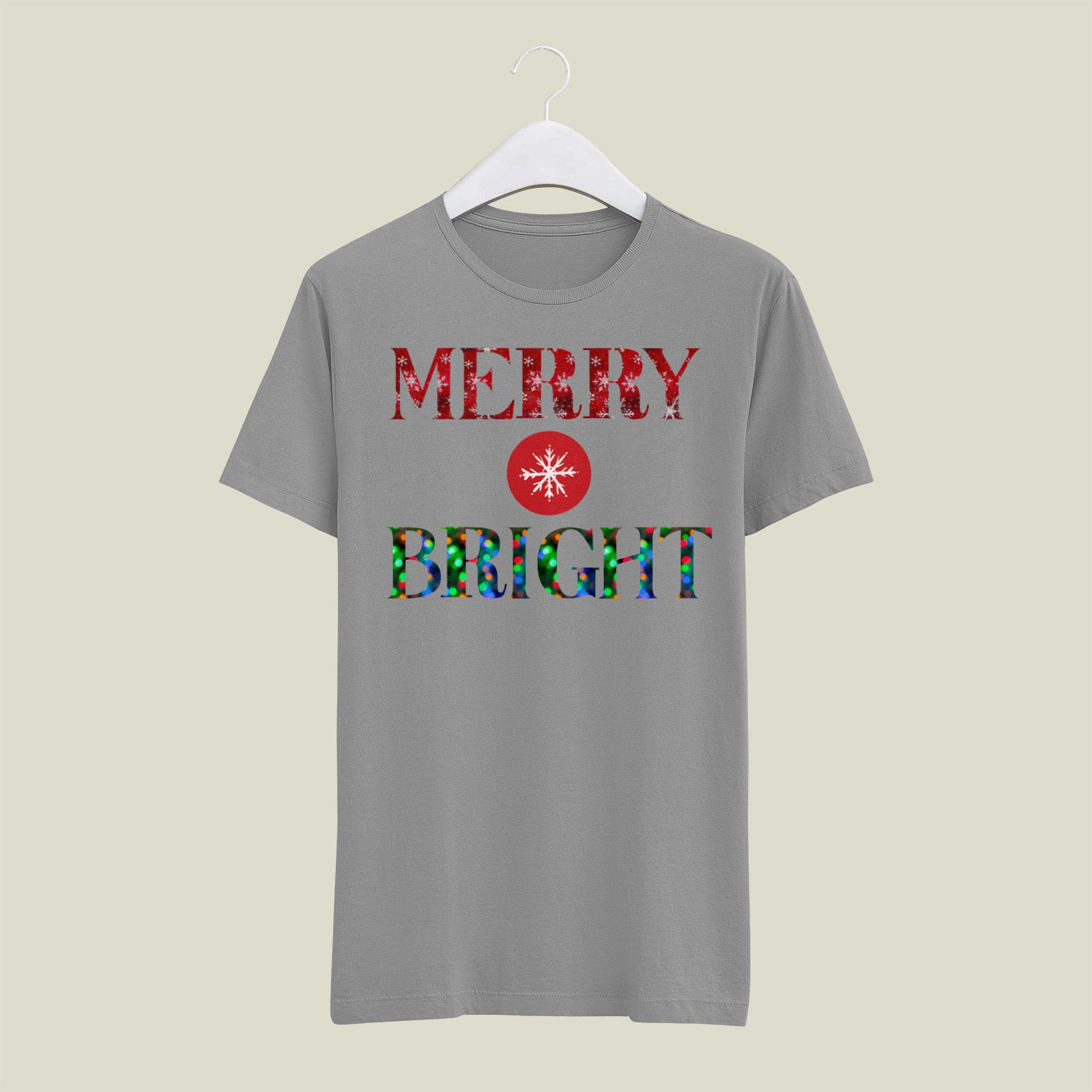 "Merry and Bright" Christmas Tee — :LAHall Artworks Snowflake & Christmas Light Graphic Unisex Holiday Shirt in White, Black, Grey & Green | LAHall Artworks