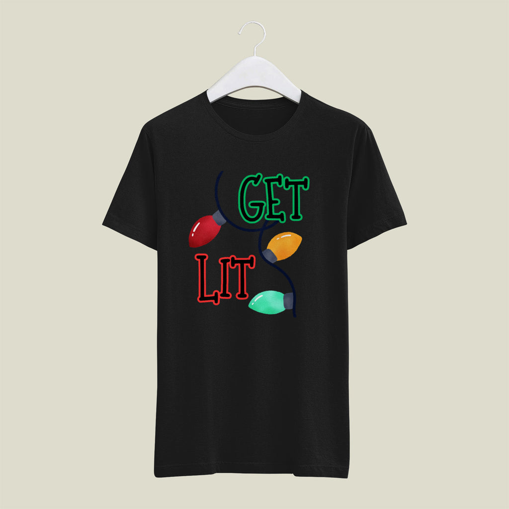 Get Lit Holiday T-Shirt – Funny Christmas Lights Unisex Tee | Festive Graphic Shirt in Black, White, or Grey