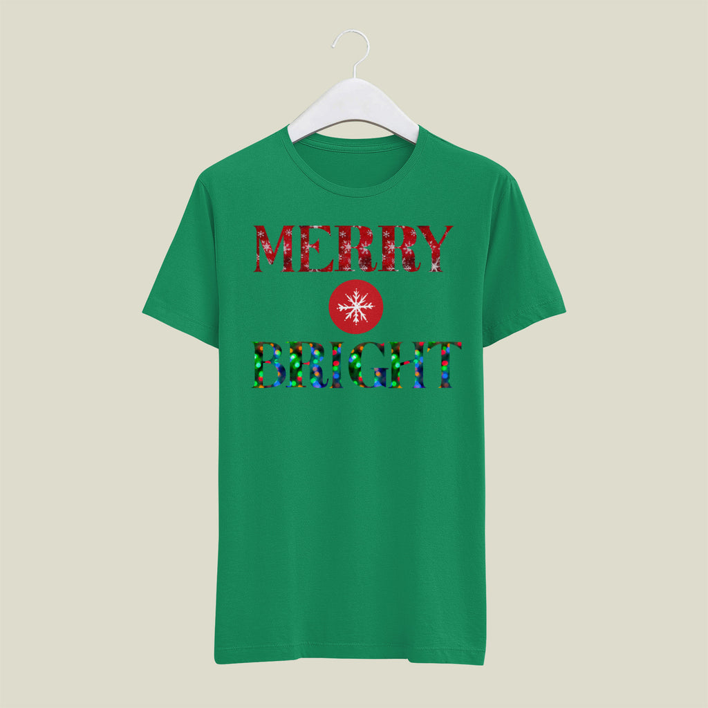 "Merry and Bright" Christmas Tee — :LAHall Artworks Snowflake & Christmas Light Graphic Unisex Holiday Shirt in White, Black, Grey & Green | LAHall Artworks