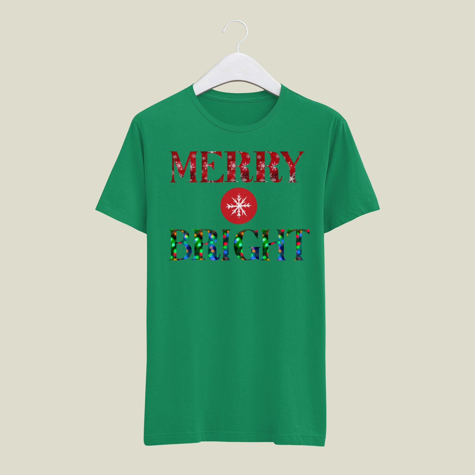 "Merry and Bright" Christmas Tee — :LAHall Artworks Snowflake & Christmas Light Graphic Unisex Holiday Shirt in White, Black, Grey & Green | LAHall Artworks