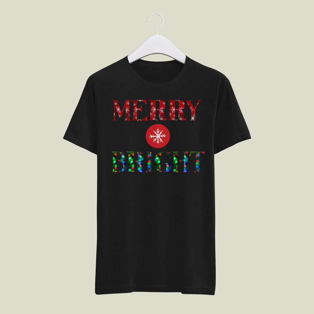 "Merry and Bright" Christmas Tee — :LAHall Artworks Snowflake & Christmas Light Graphic Unisex Holiday Shirt in White, Black, Grey & Green | LAHall Artworks