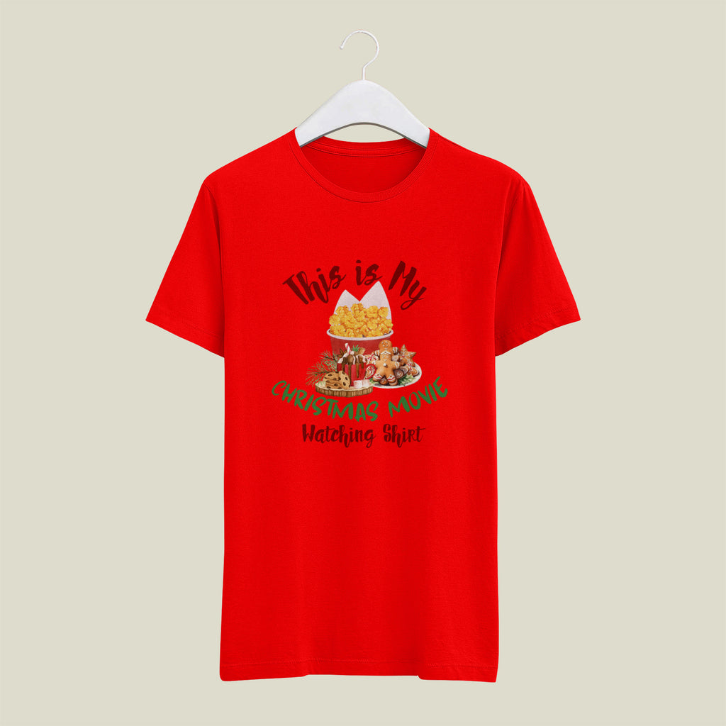 Christmas Movie Watching Shirt – Funny Holiday Unisex Tee | Cozy Christmas Snacks Graphic T-Shirt in Black, White, or Red