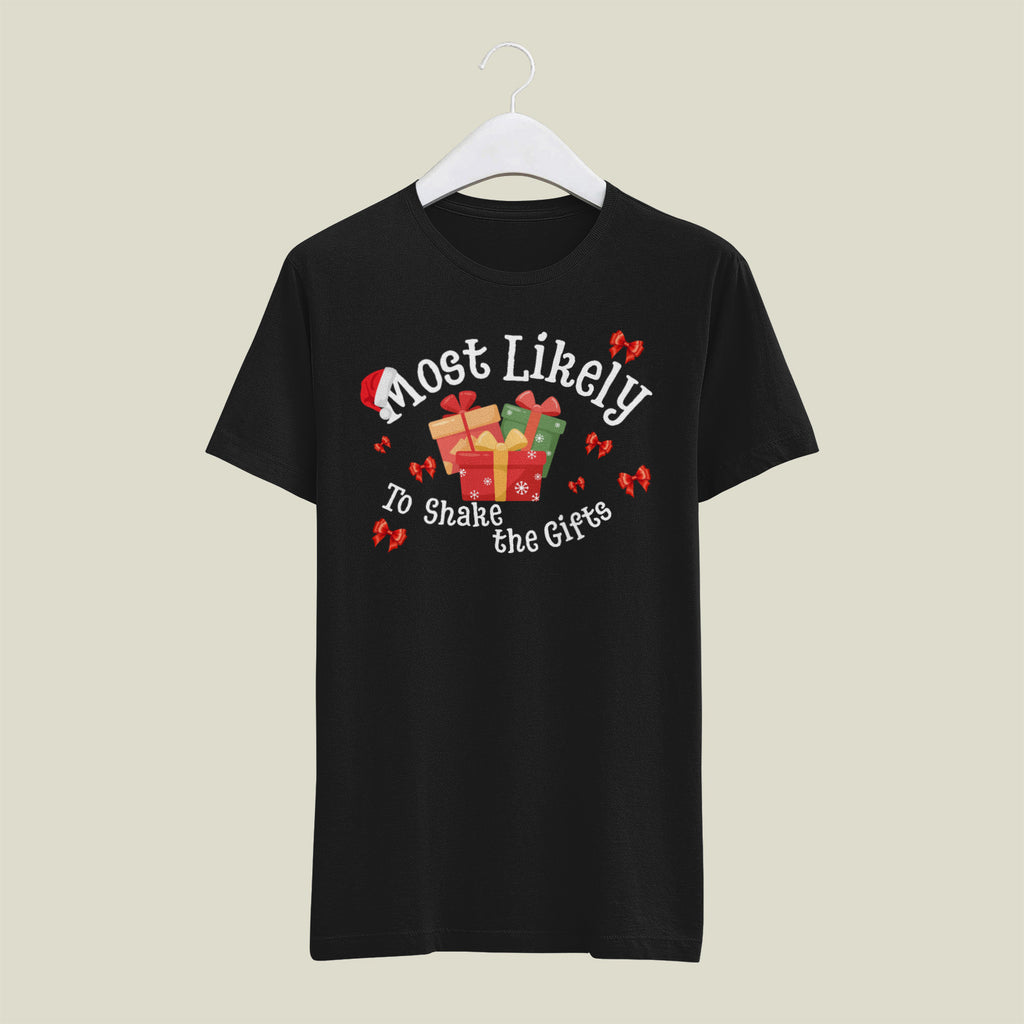 Most Likely to Shake the Gifts Christmas Tee — Fun Unisex Holiday Shirt with Gift & Bow Graphics | LAHall Artworks