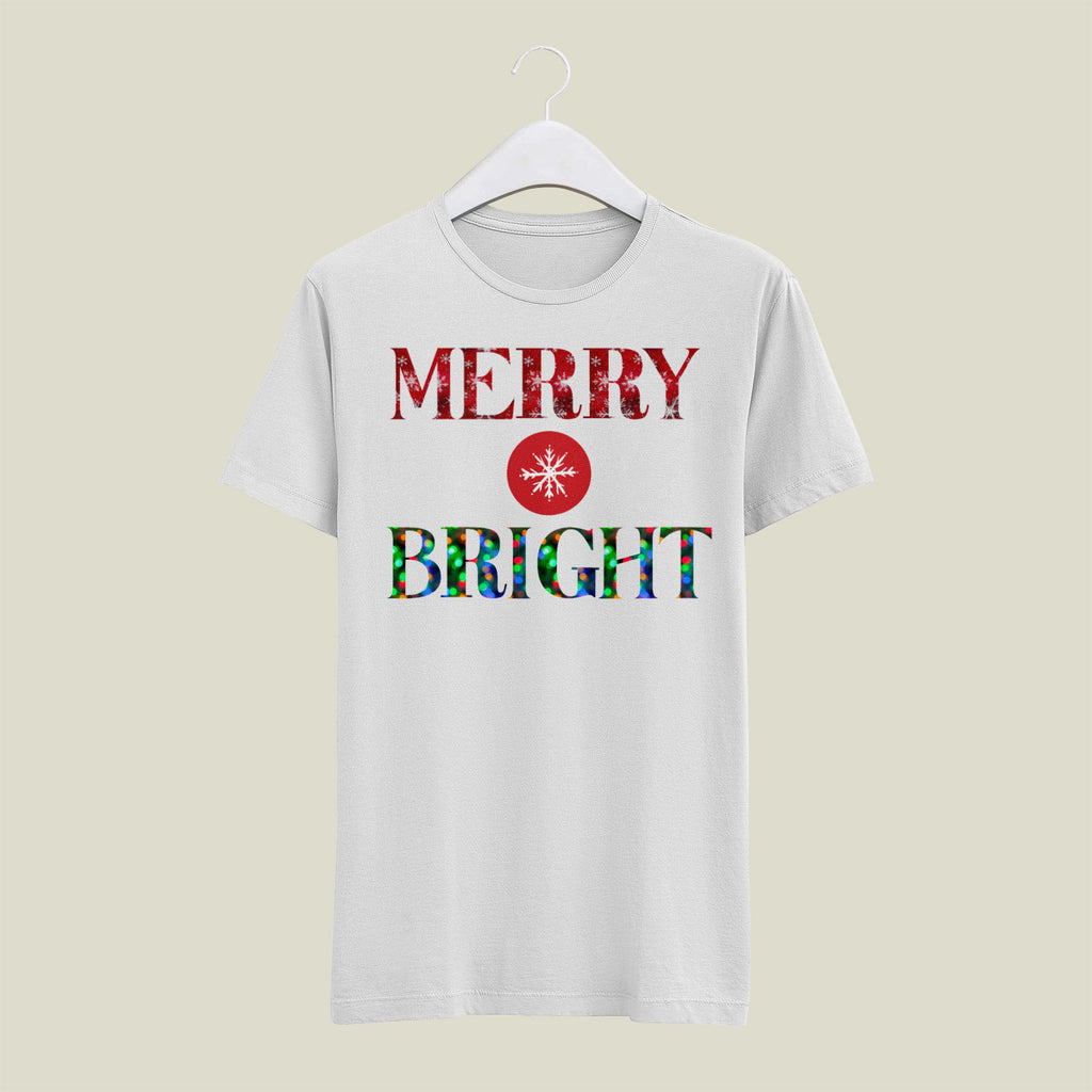 "Merry and Bright" Christmas Tee — :LAHall Artworks Snowflake & Christmas Light Graphic Unisex Holiday Shirt in White, Black, Grey & Green | LAHall Artworks