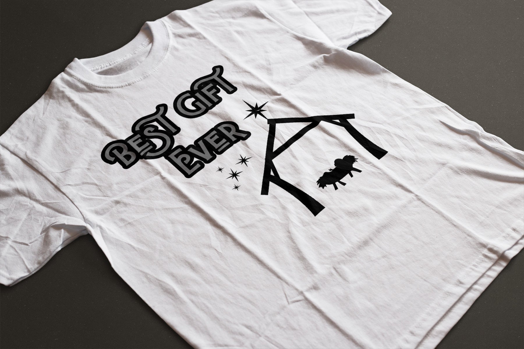 "Best Gift Ever" Nativity Graphic Tee — Minimalist Christmas Christian T-Shirt in White | LAHall Artworks Holiday Apparel