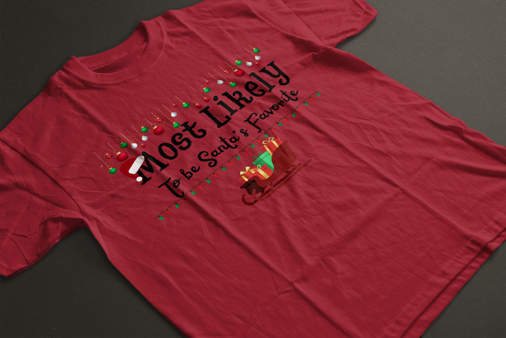 Most Likely to Be Santa’s Favorite Christmas Tee — Festive Unisex Holiday Shirt with Sleigh & Ornament Graphics | LAHall Artworks