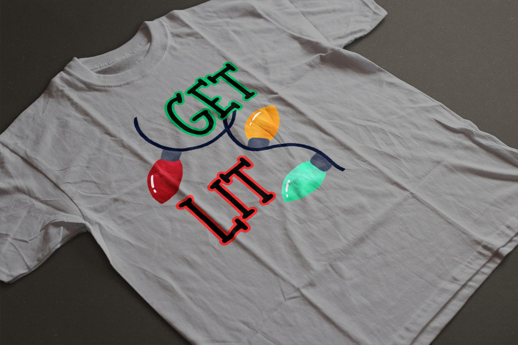 Get Lit Holiday T-Shirt – Funny Christmas Lights Unisex Tee | Festive Graphic Shirt in Black, White, or Grey