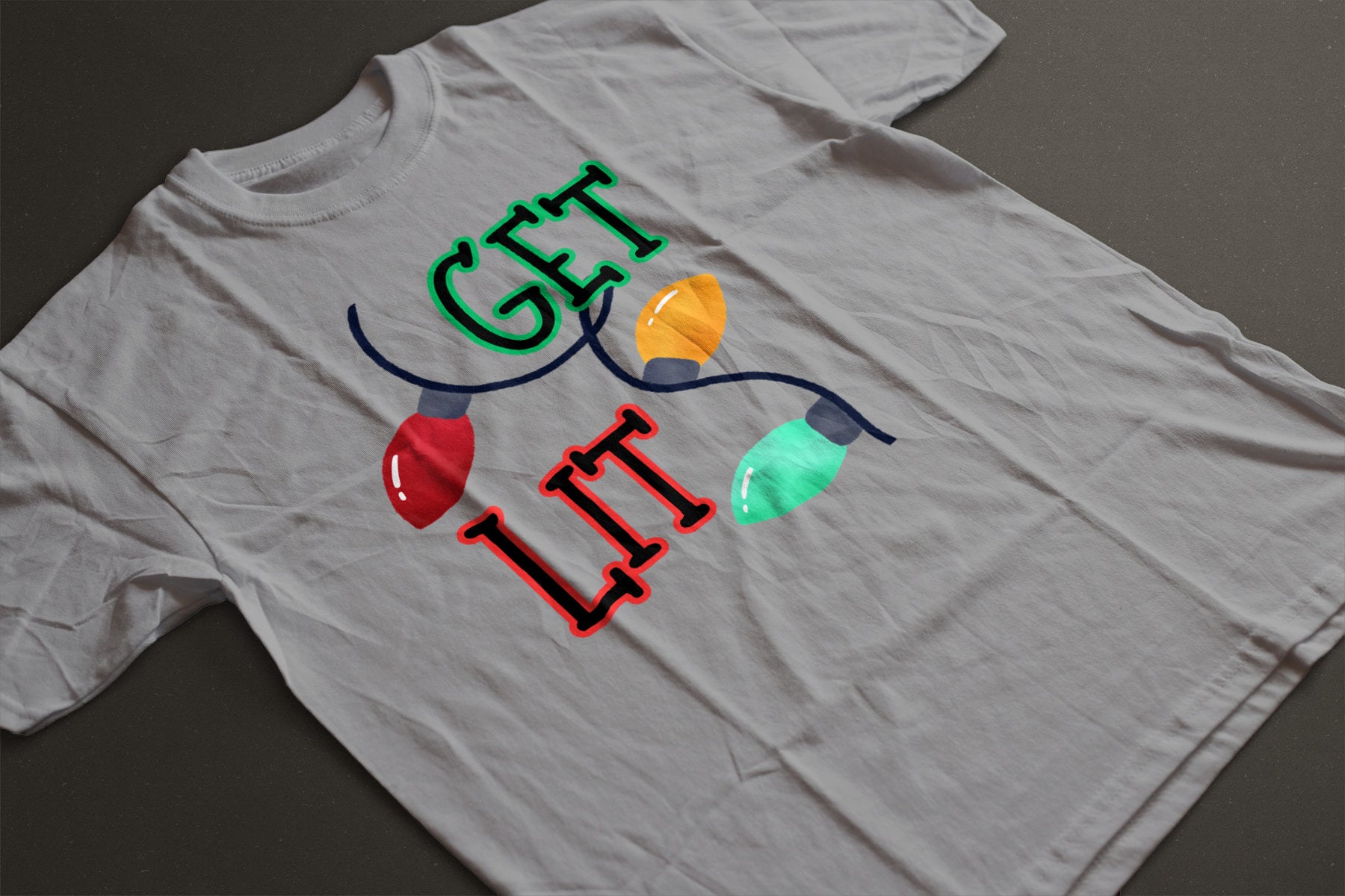 Get Lit Holiday T-Shirt – Funny Christmas Lights Unisex Tee | Festive Graphic Shirt in Black, White, or Grey