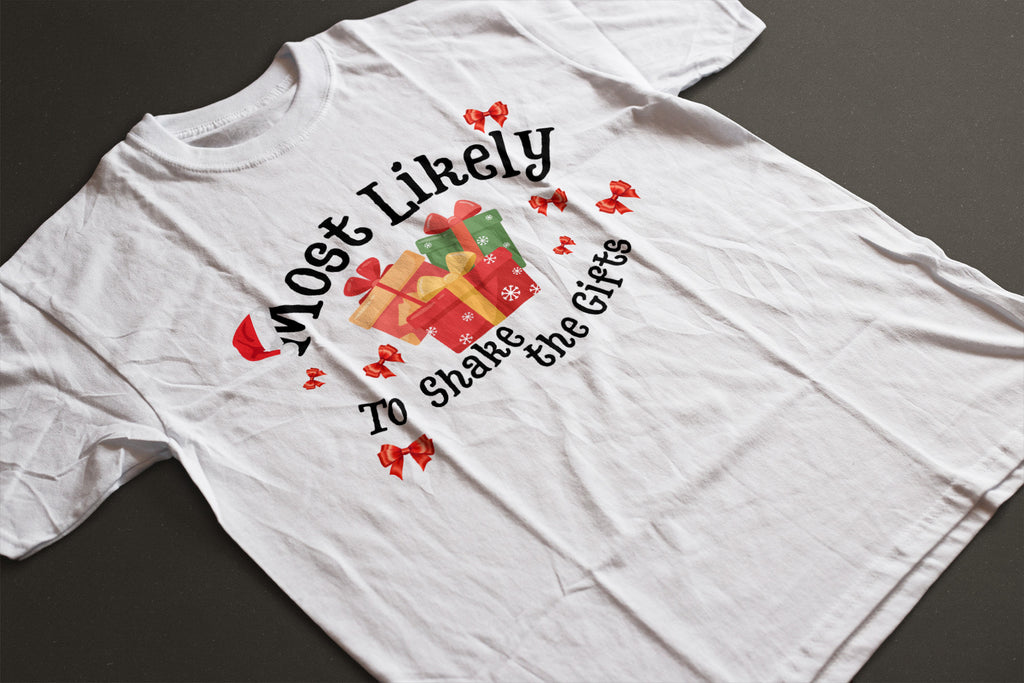 Most Likely to Shake the Gifts Christmas Tee — Fun Unisex Holiday Shirt with Gift & Bow Graphics | LAHall Artworks