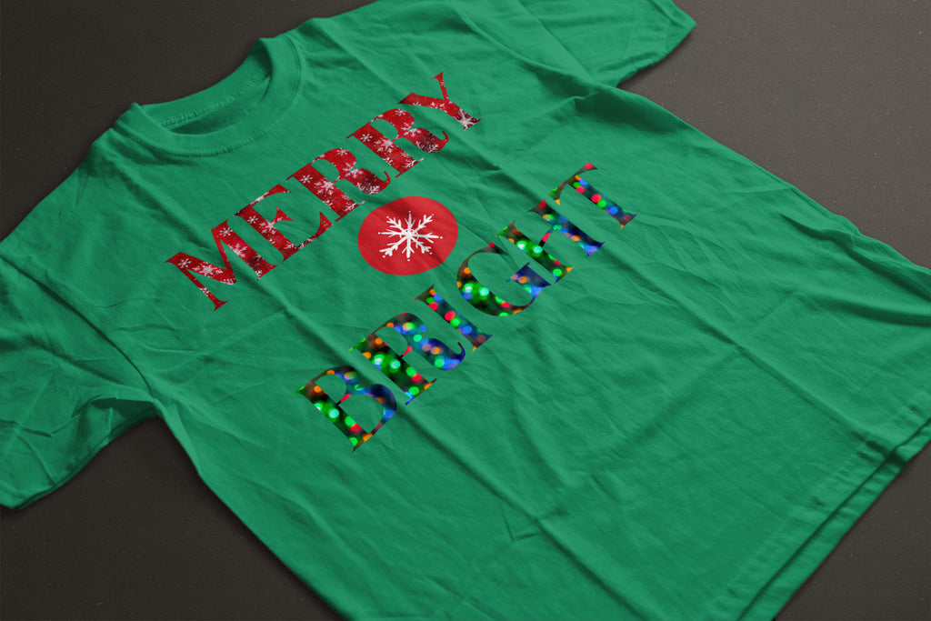 "Merry and Bright" Christmas Tee — :LAHall Artworks Snowflake & Christmas Light Graphic Unisex Holiday Shirt in White, Black, Grey & Green | LAHall Artworks