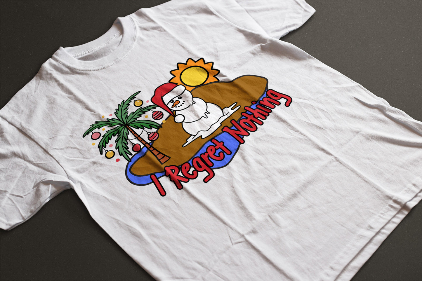 "I Regret Nothing" Melting Snowman Christmas Tee — LAHall Artworks Funny Tropical Holiday Unisex T-Shirt with Deserted Island Graphic | LAHall Artworks