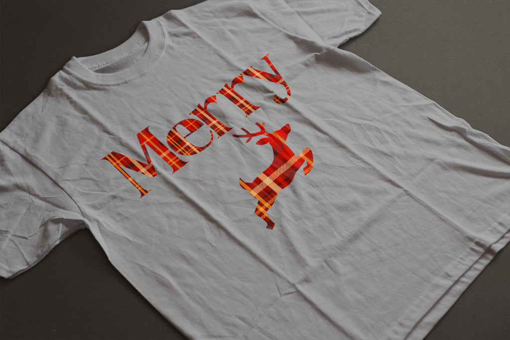 Merry Plaid Deer Christmas Tee — Festive Unisex Holiday T-Shirt in White, Grey, Black & Green | LAHall Artworks