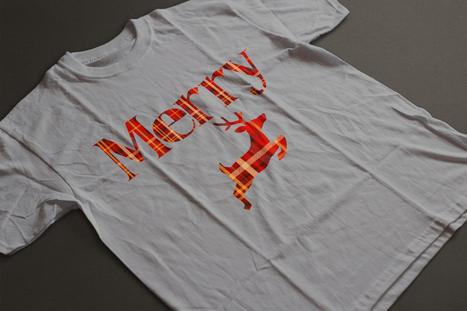 Merry Plaid Deer Christmas Tee — Festive Unisex Holiday T-Shirt in White, Grey, Black & Green | LAHall Artworks