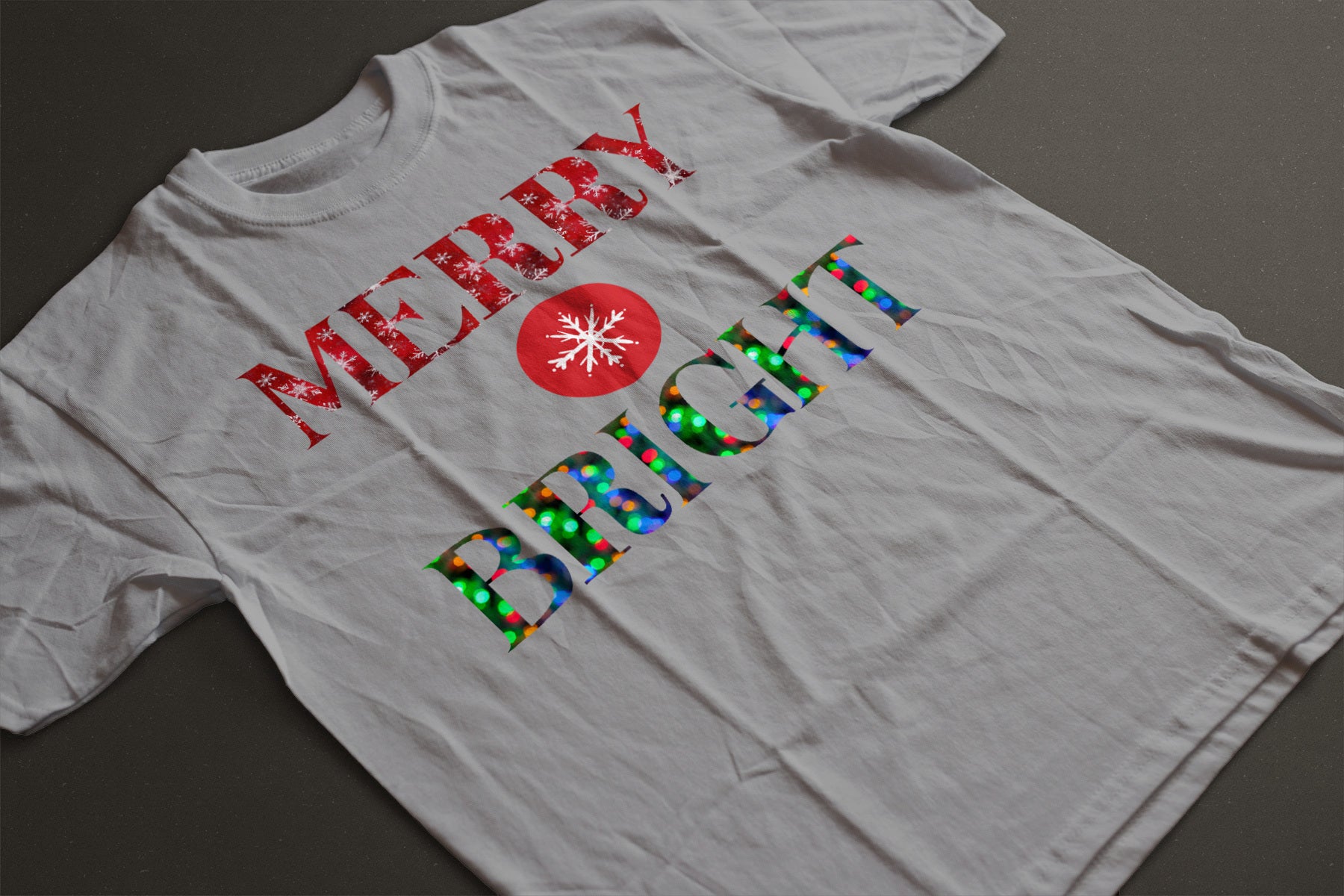 "Merry and Bright" Christmas Tee — :LAHall Artworks Snowflake & Christmas Light Graphic Unisex Holiday Shirt in White, Black, Grey & Green | LAHall Artworks