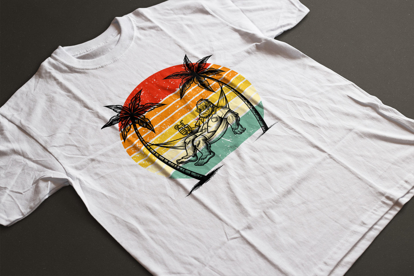 Bigfoot Beach Sunset Graphic Tee – Funny Sasquatch Vacation Shirt | Vintage Retro Summer T-Shirt | LAHall Artworks Bigfoot Collection