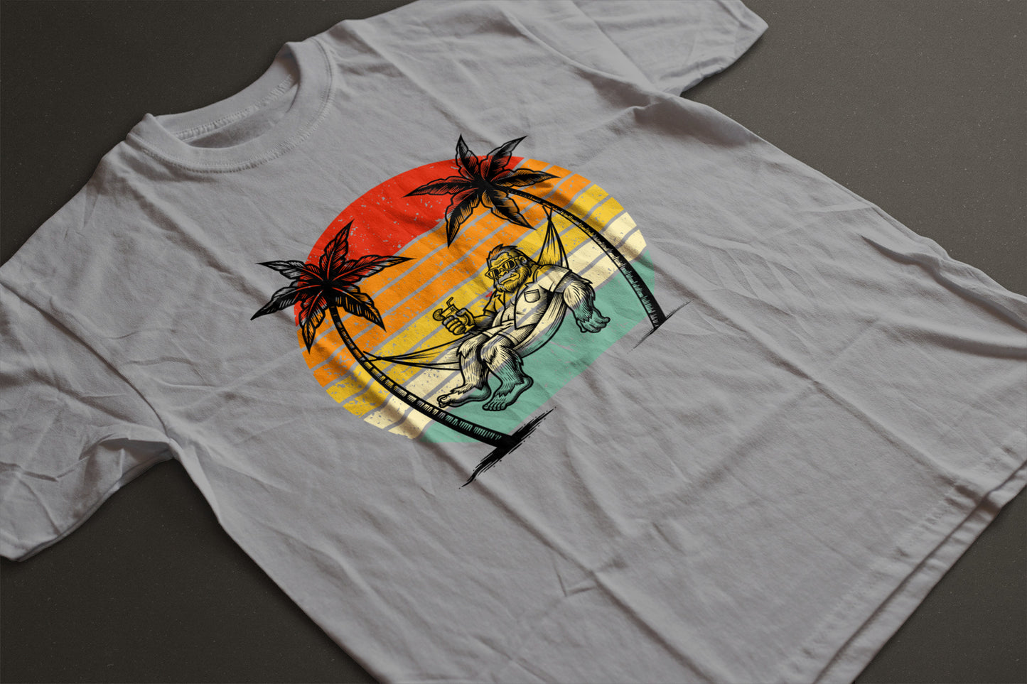 Bigfoot Beach Sunset Graphic Tee – Funny Sasquatch Vacation Shirt | Vintage Retro Summer T-Shirt | LAHall Artworks Bigfoot Collection