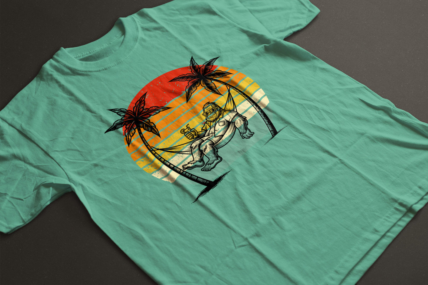 Bigfoot Beach Sunset Graphic Tee – Funny Sasquatch Vacation Shirt | Vintage Retro Summer T-Shirt | LAHall Artworks Bigfoot Collection