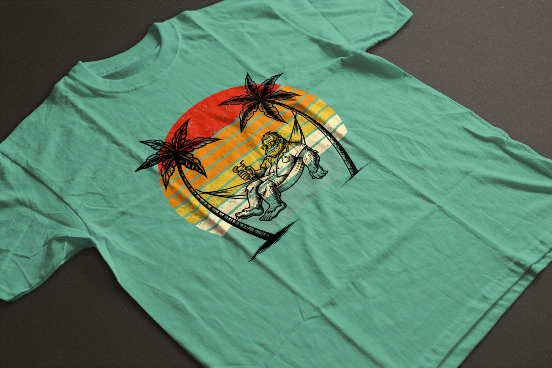Bigfoot Beach Sunset Graphic Tee – Funny Sasquatch Vacation Shirt | Vintage Retro Summer T-Shirt | LAHall Artworks Bigfoot Collection